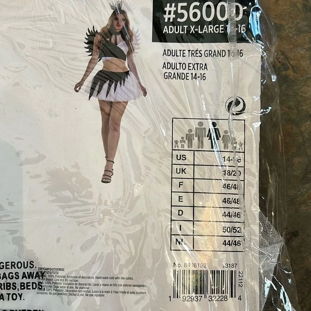 Sexy Twisted Angel Halloween Cosplay Costume XL Gothic Wings Black White